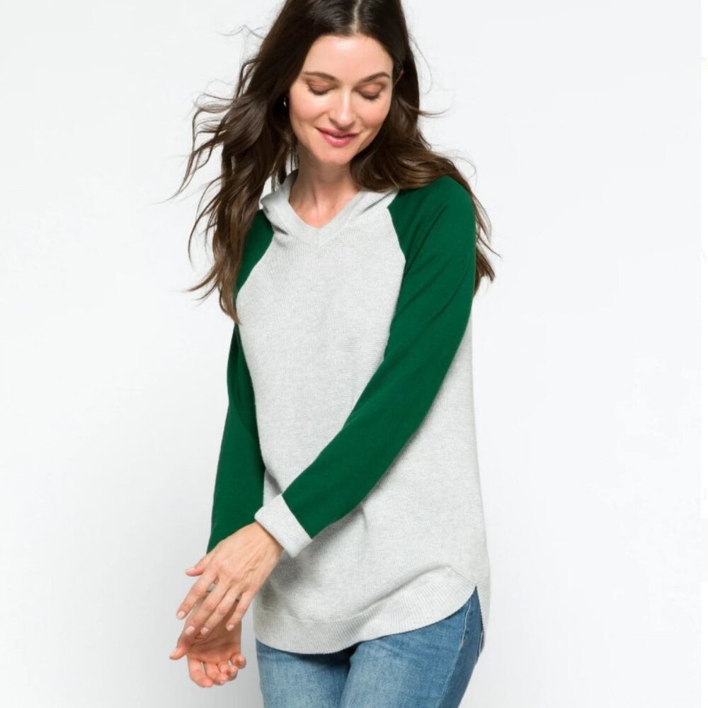 Green and Grey Raglan Spofford Hooded Sweater